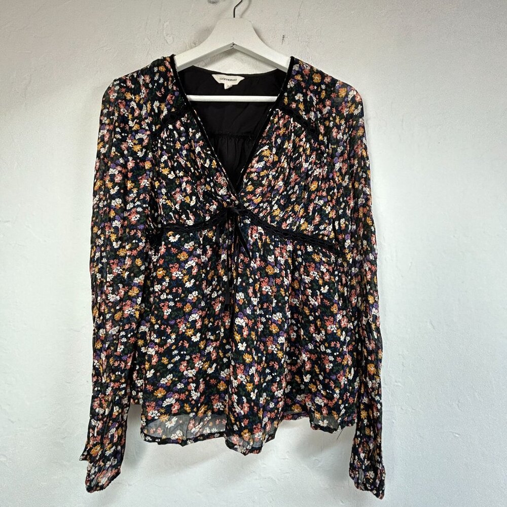 Lucky Brand Women's Floral Long Sleeve Ruffle Bodice Top Small Multicolor New